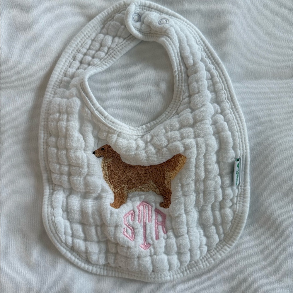 White Quilted Baby Bib with Dog Embroidery